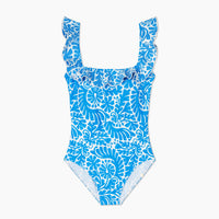 The Ruffle Seaway Square Neck One-Piece - Floral Wave in Azure