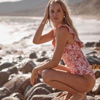 The Ruffle Seaway Square Neck One-Piece - Sunflower and Yew & Aril in Watermelon