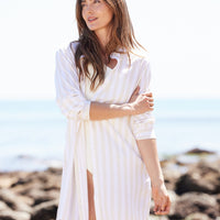 The Silky Luxe Short Effortless Shirtdress Cover-Up - Beach Stripe in Sandshell