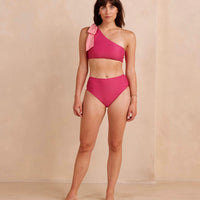 The Bow-Shoulder Ruched Sidestroke Bikini Top - Spritz & Carnation