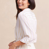 The Silky Luxe Short Effortless Shirtdress Cover-Up - Beach Stripe in Sandshell