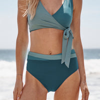 The Wrap High Leg High Rise Bikini Bottom - Seaweed & Bluestone & Mist