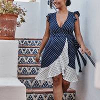 The Beach to Brunch Wrap Dress - Square Dot in Deep Sea & White Sand