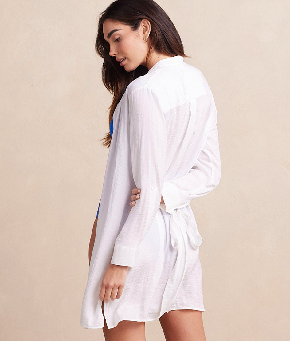 The Silky Luxe Short Effortless Shirtdress Cover-Up - Cloud White