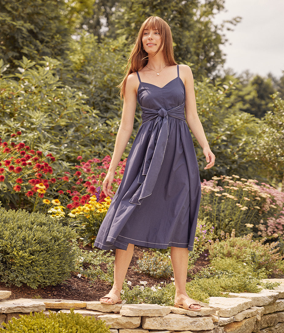 The Coastal Poplin Tie-Waist Midi Dress - Midnight