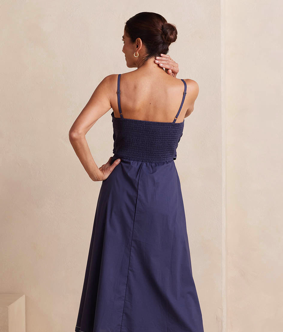 The Coastal Poplin Tie-Waist Midi Dress - Midnight