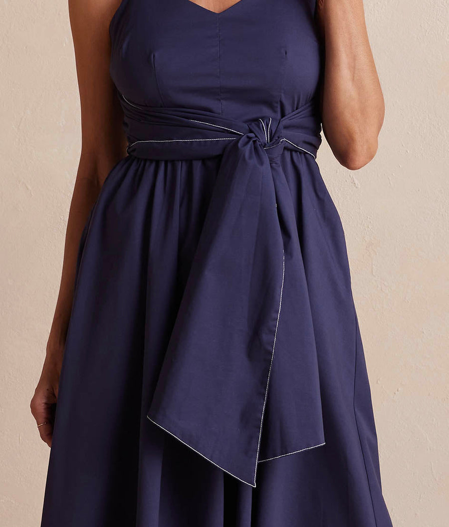 The Coastal Poplin Tie-Waist Midi Dress - Midnight