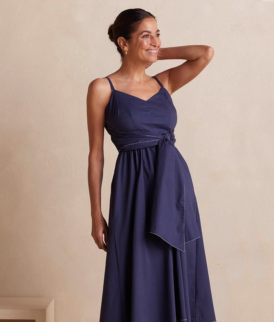 The Coastal Poplin Tie-Waist Midi Dress - Midnight