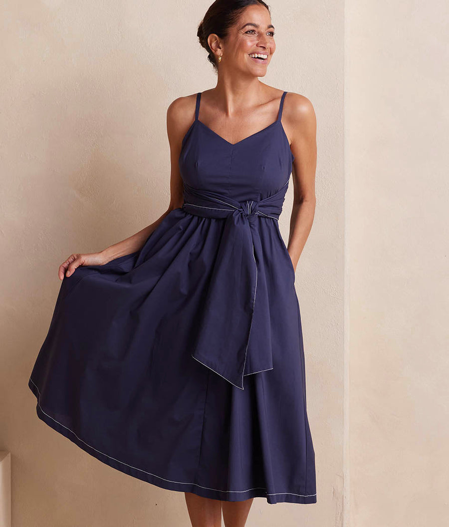The Coastal Poplin Tie-Waist Midi Dress - Midnight