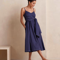 The Coastal Poplin Tie-Waist Midi Dress - Midnight