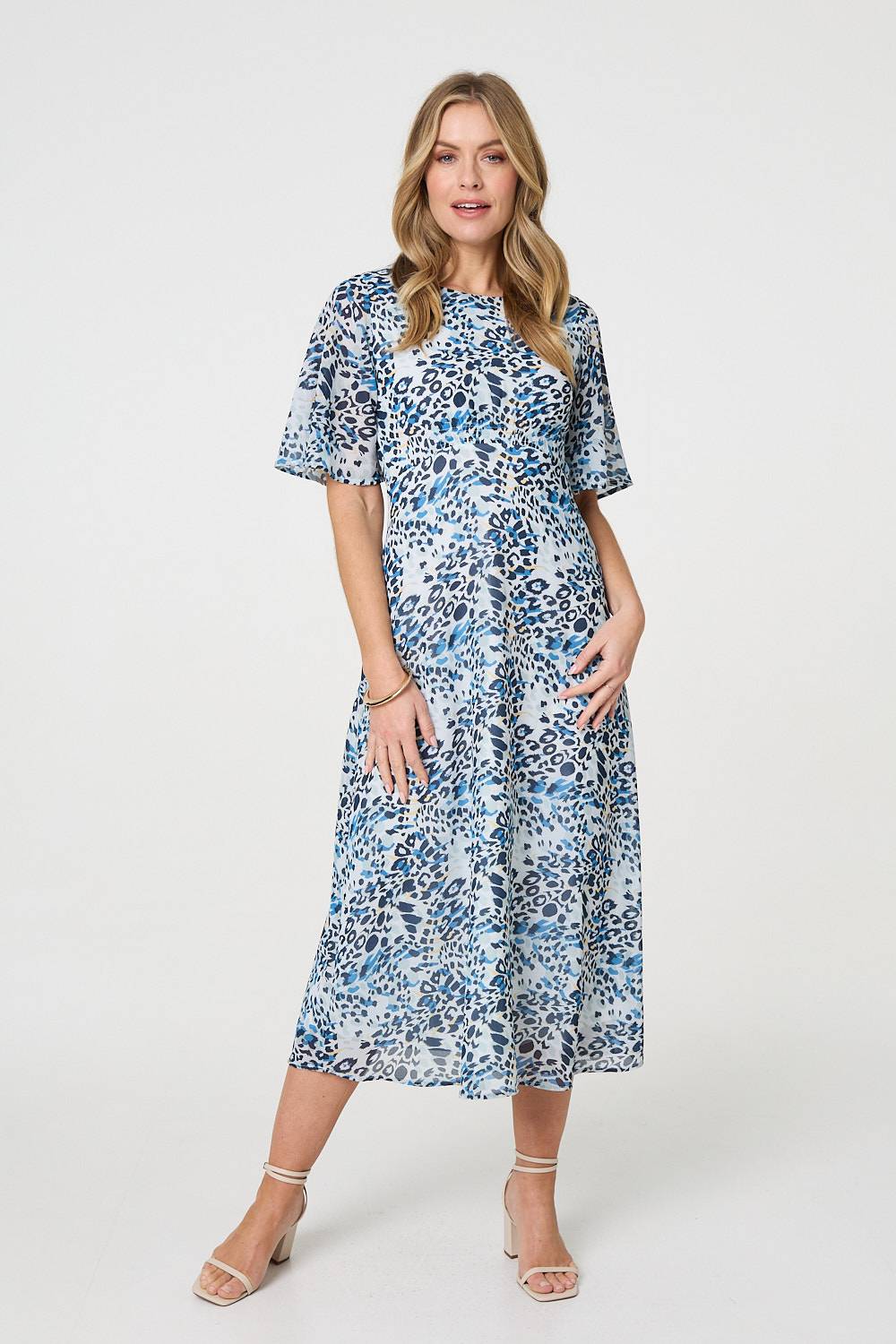 Animal Print Flared Sleeve Midi Dress