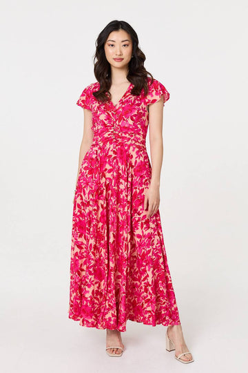 Floral Cap Sleeve Ruched Maxi Dress