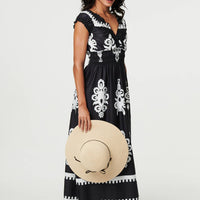 Ikat Print Ruched Cap Sleeve Maxi Dress