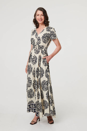 Printed Short Sleeve Shirred Maxi Dress