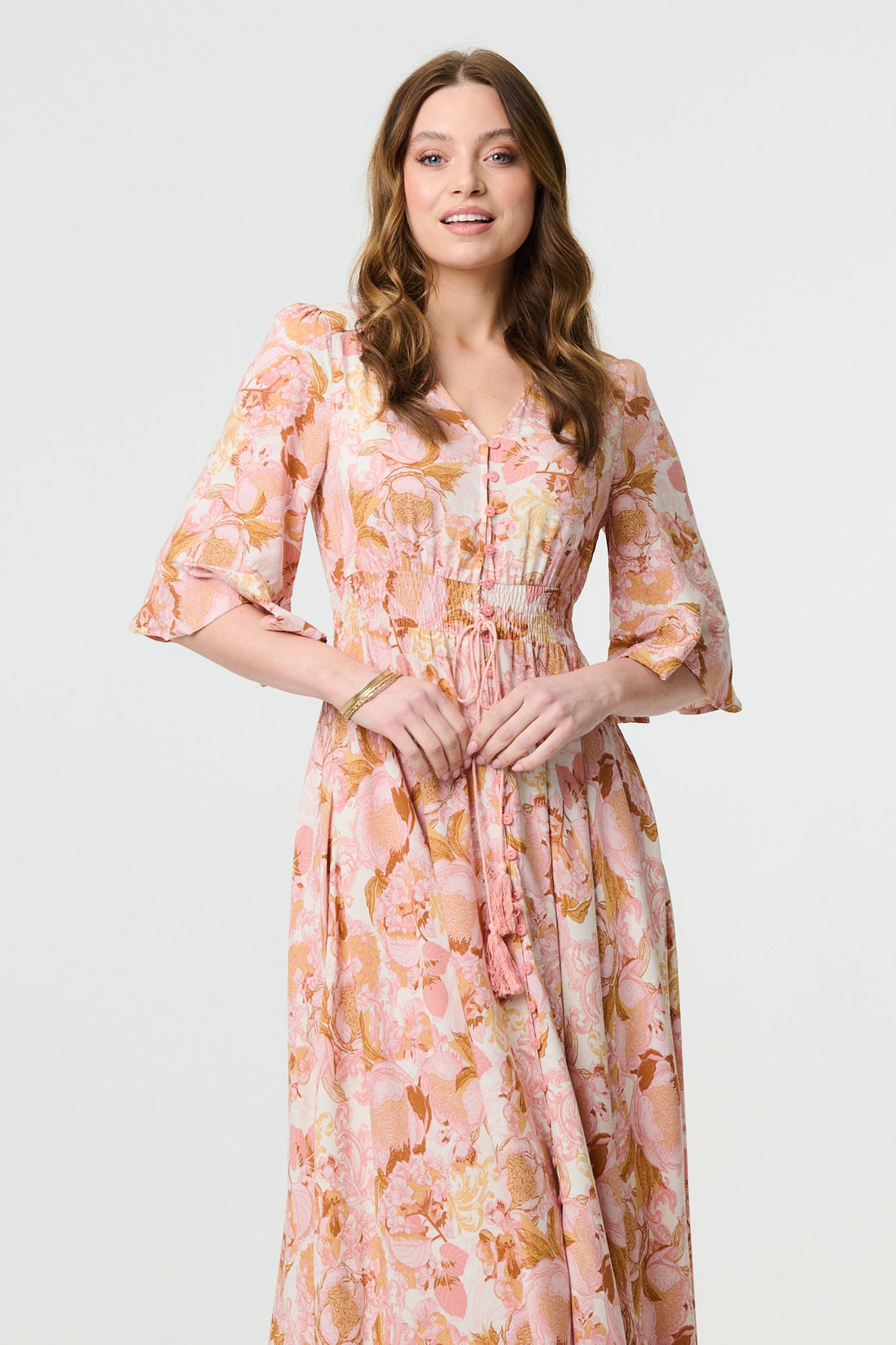 Floral 3/4 Flare Sleeve Smock Maxi Dress