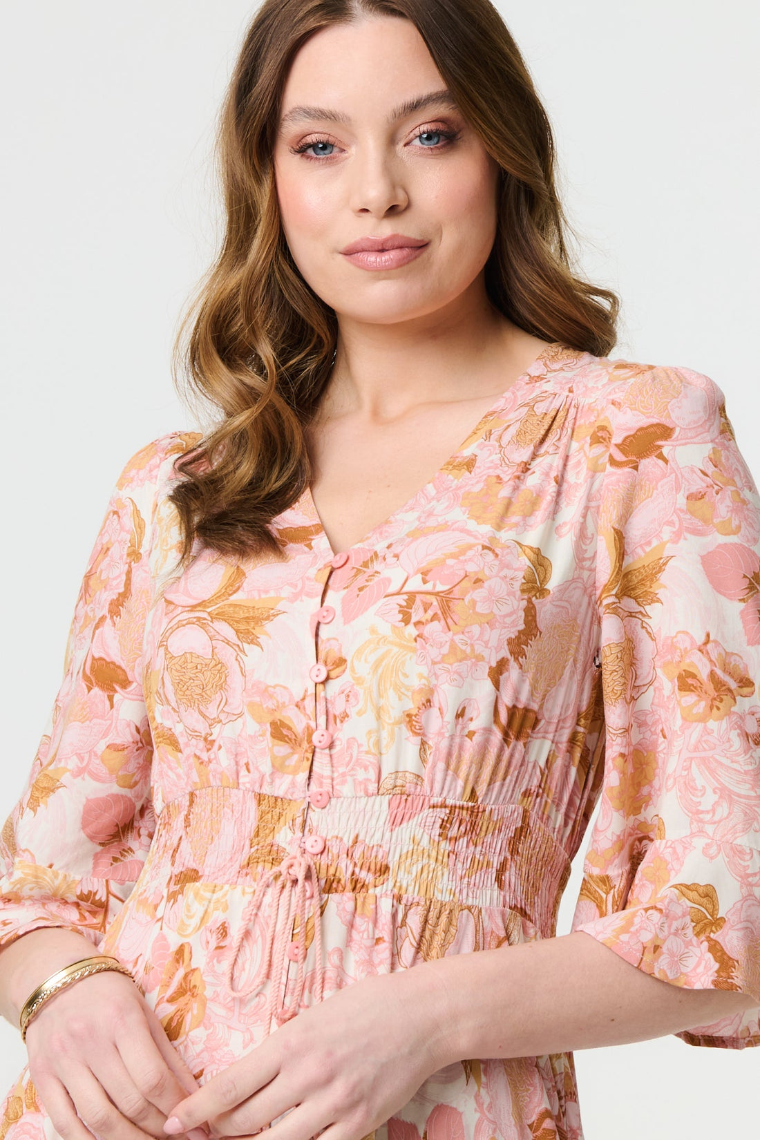 Floral 3/4 Flare Sleeve Smock Maxi Dress