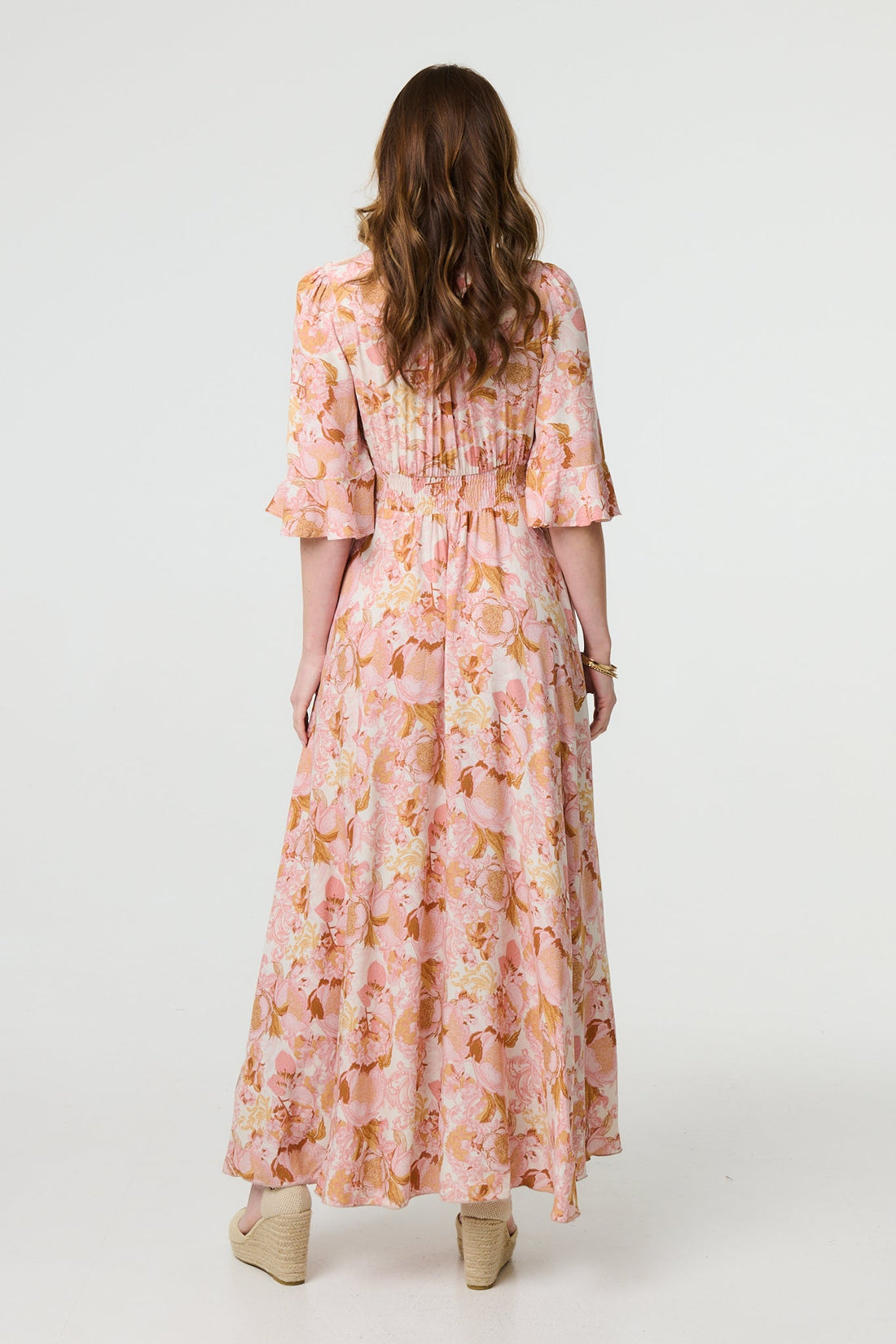 Floral 3/4 Flare Sleeve Smock Maxi Dress