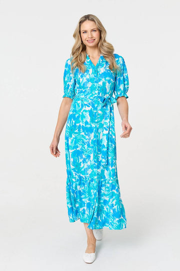 Printed 1/2 Puff Sleeve Tie Waist Maxi Dress