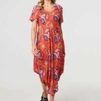 Paisley Relaxed Short Sleeve Midi Dress