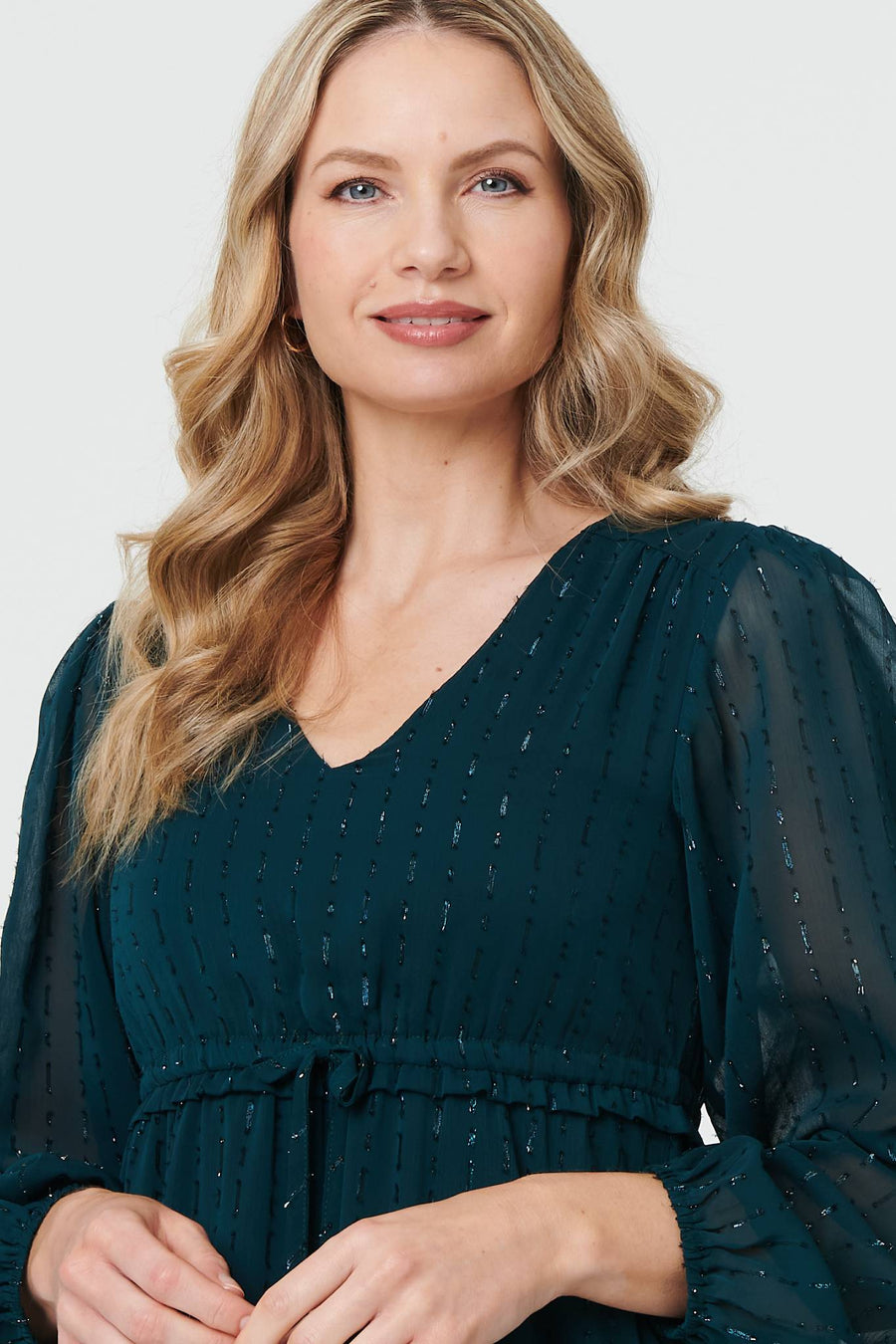 Sparkly Semi Sheer Long Sleeve Midi Dress