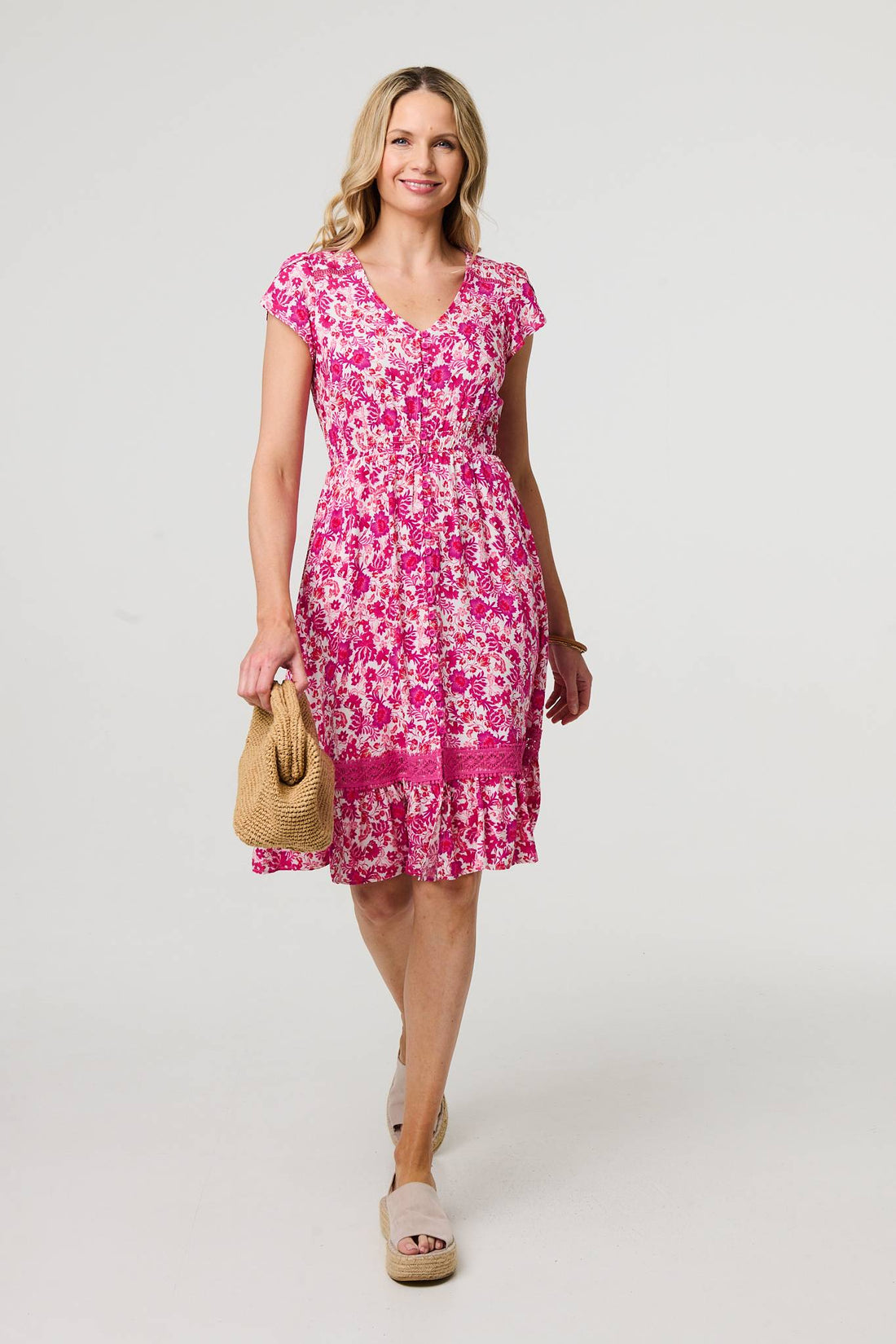 Floral Cap Sleeve Lace Trim Short Dress