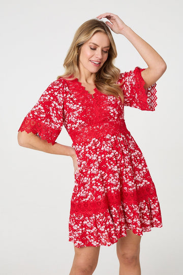 Floral Lace Trim 1/2 Sleeve Mini Dress