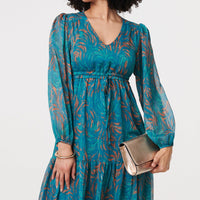 Leaf Print Sheer Tie Waist Maxi Dress