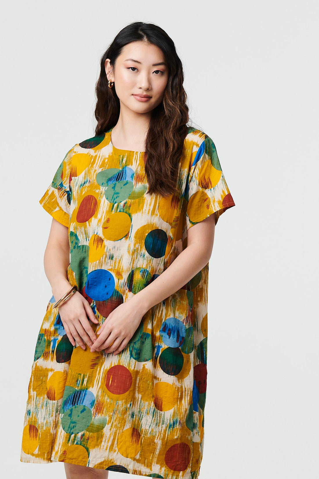 Geo Print Short Sleeve Knee Length Dress