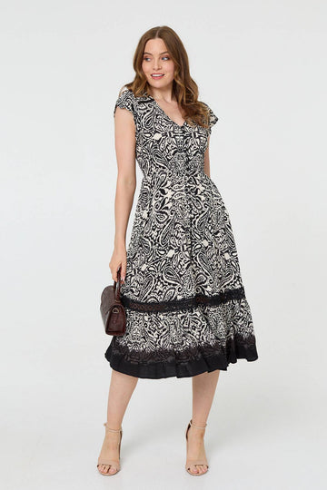 Border Print Shirred Knee Length Dress