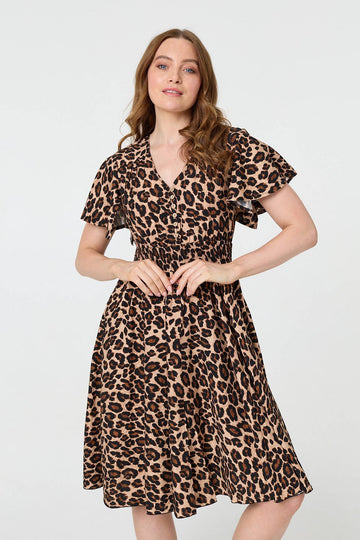 Animal Print Shirred Knee Length Dress