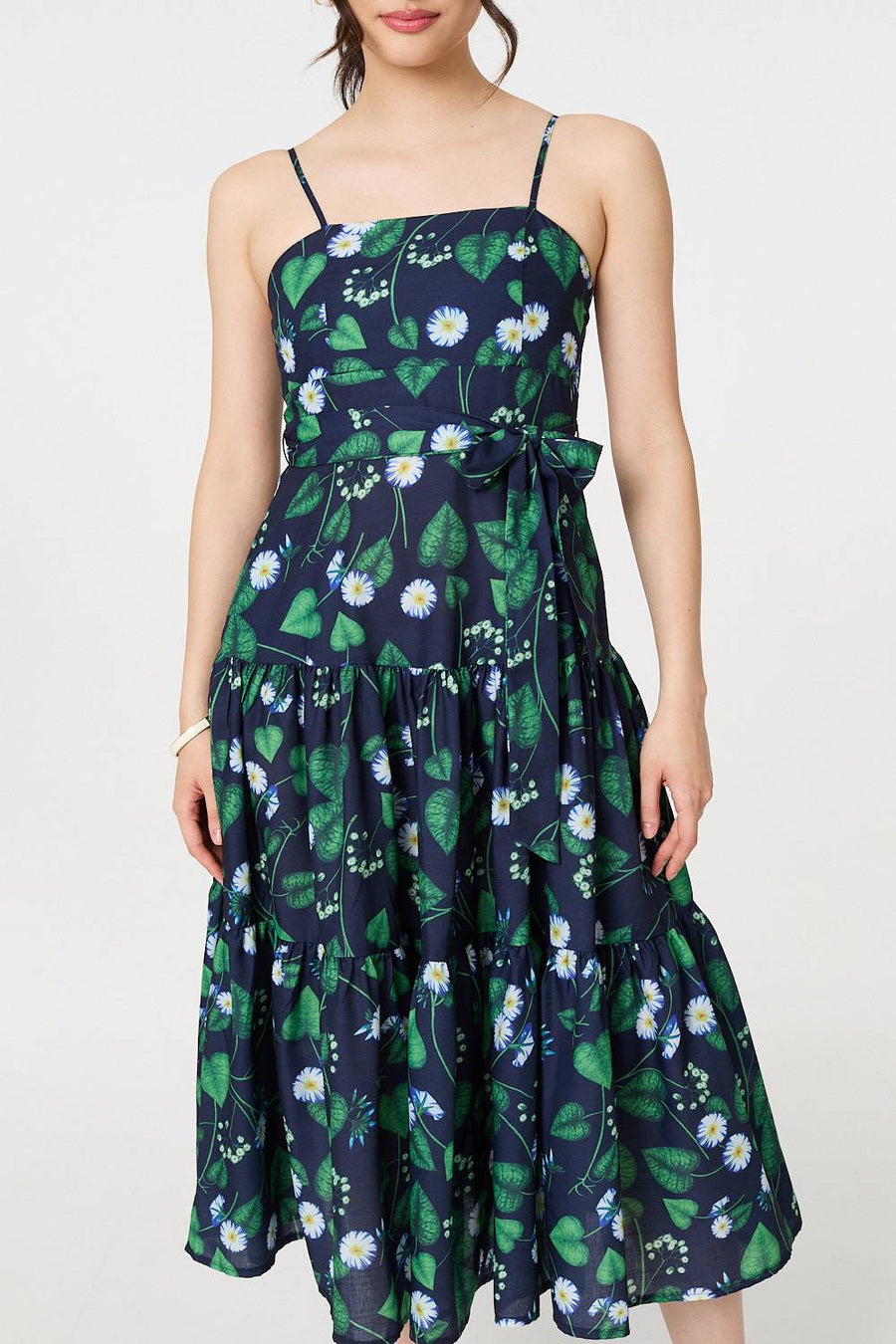 Floral Sleeveless Tie Waist Midi Dress
