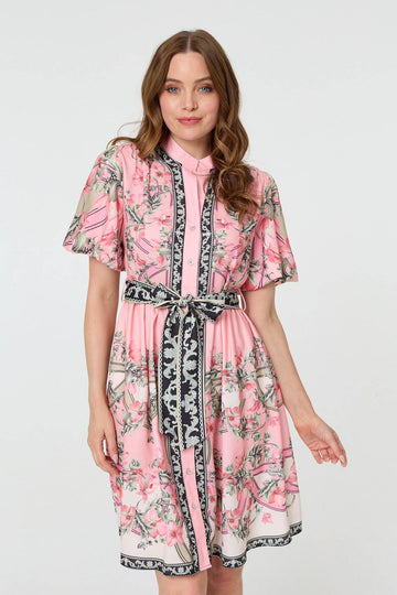 Border Print Tie Waist Short Dress