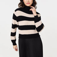 Striped High Neck Pleat Knit Maxi Dress