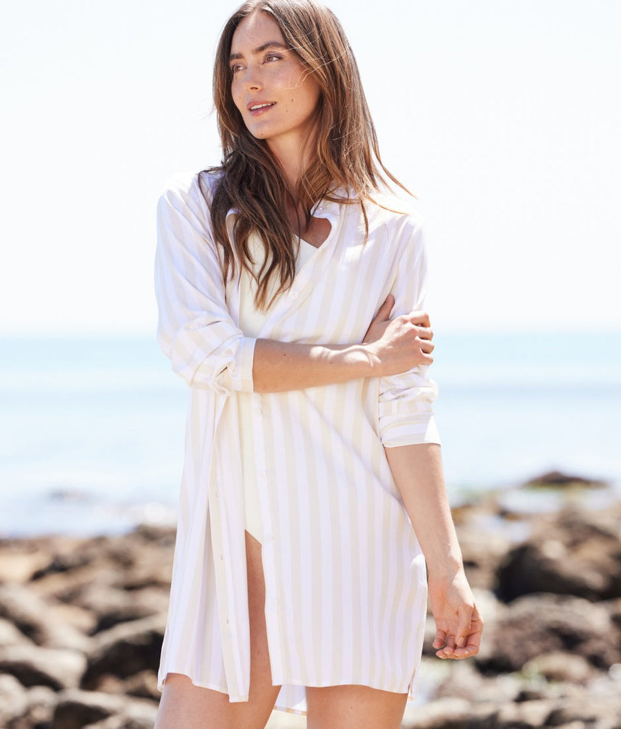 The Silky Luxe Short Effortless Shirtdress Cover-Up - Beach Stripe in Sandshell