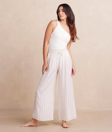 The Silky Luxe Palazzo Pants with Ties - Beach Stripe in Sandshell