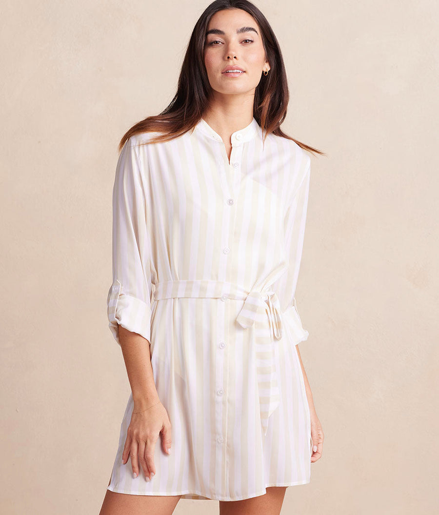 The Silky Luxe Short Effortless Shirtdress Cover-Up - Beach Stripe in Sandshell