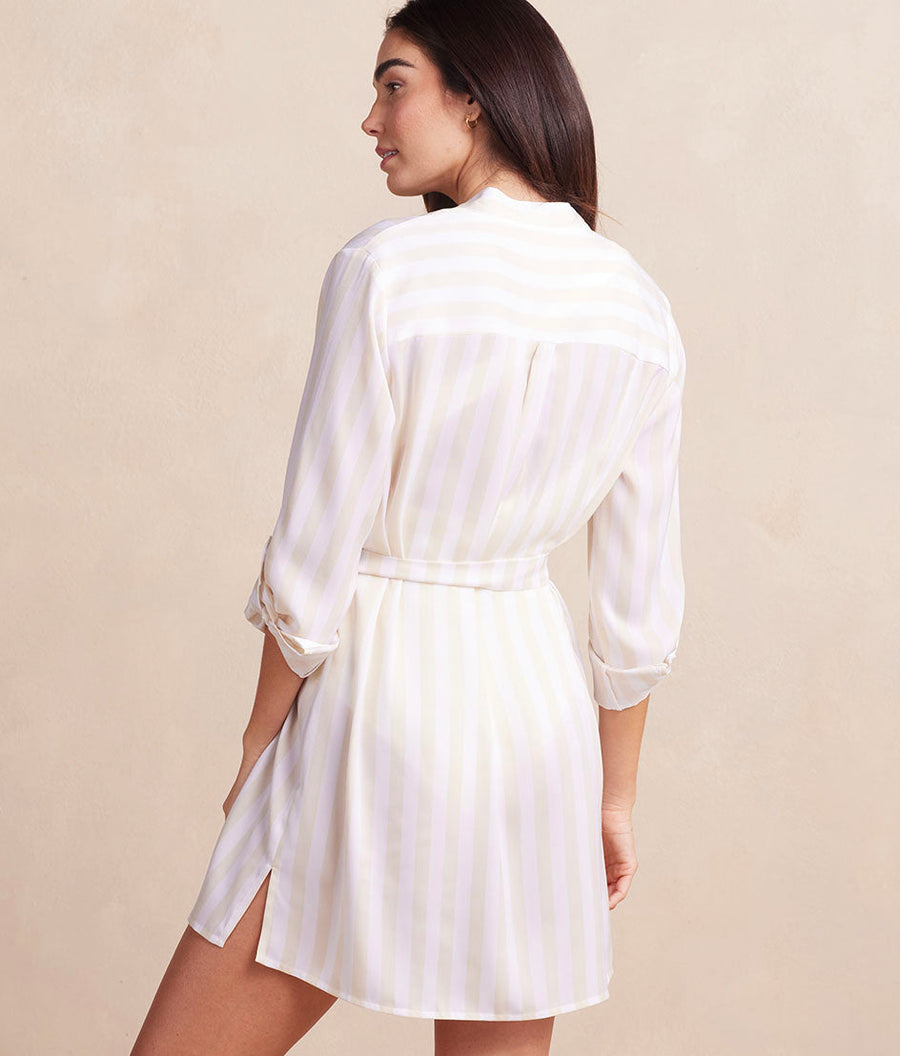 The Silky Luxe Short Effortless Shirtdress Cover-Up - Beach Stripe in Sandshell